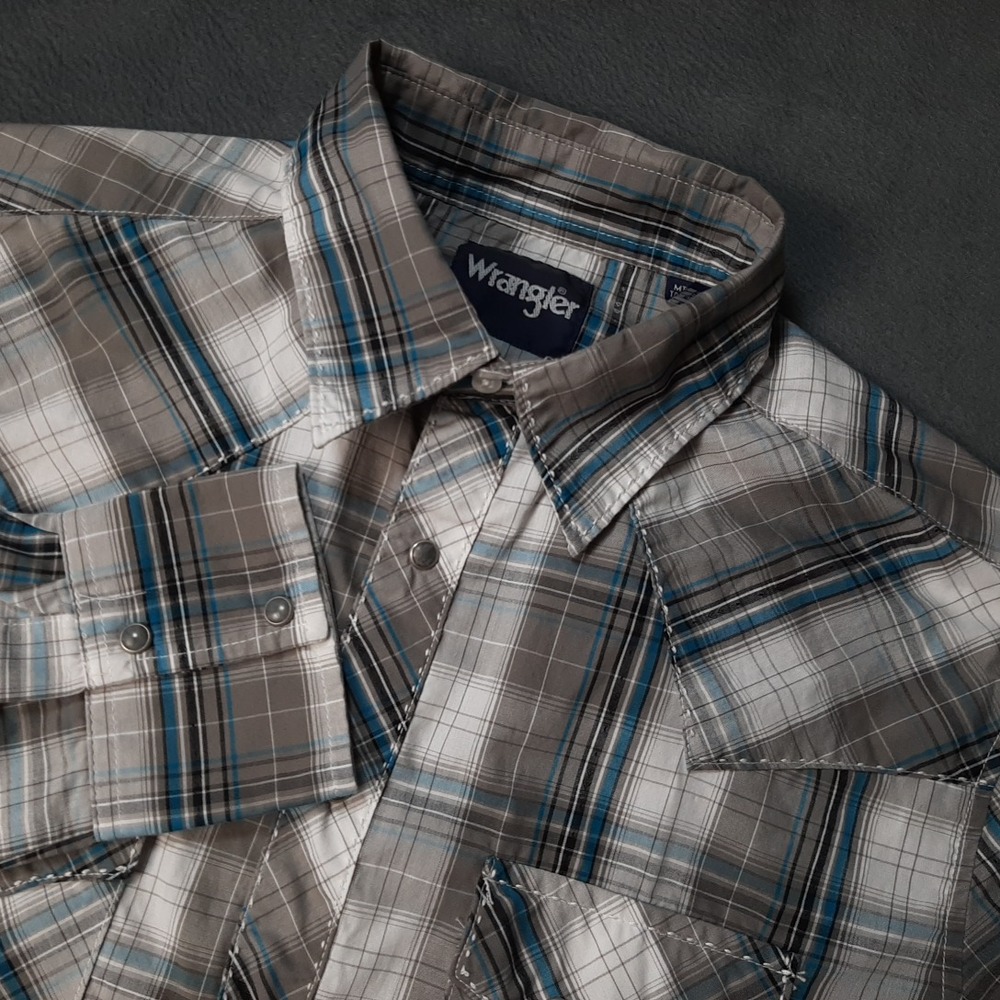 VINTAGE Wrangler Shirt Mens MT Medium TALL Gray Blue Striped Pearl Snap Pocket